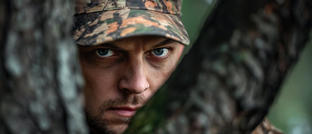 A man in camouflage gear is hiding behind a tree. He has a serious expression on his faceの素材