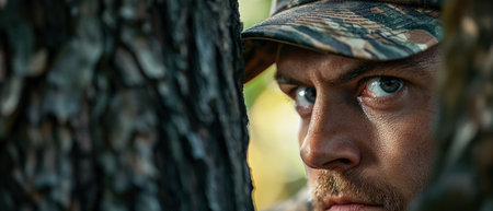 A man in camouflage gear is looking at the camera. He is sweating and has a beard. The image has a mood of adventure and excitementの素材