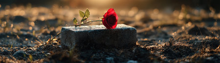 A red rose is on top of a brick. The rose is the focal point of the image, and the brick serves as a contrasting background. Concept of simplicity and natural beautyの素材