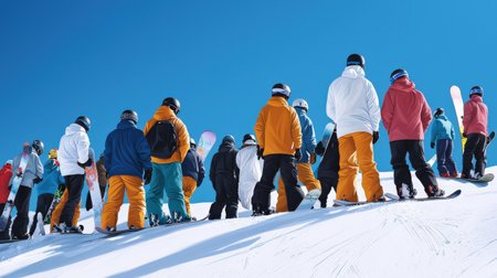 A group of people are standing on a snowy hill, some of them are wearing orange and blue snow gearの素材