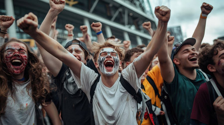 A group of people are celebrating with their hands raised in the air. Scene is joyful and energeticの素材