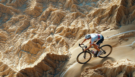 A man is riding a bicycle on a sandy mountain. Concept of adventure and excitement, as the man is navigating the challenging terrain on his bike. The sandy landscape adds to the difficulty of the rideの素材