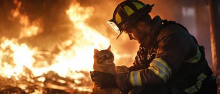 A firefighter is holding a cat in front of a burning building. The scene is intense and emotional, as the firefighter is trying to comfort the cat while also dealing with the dangerous situationの素材