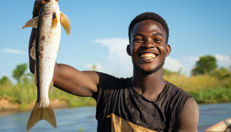 A man is smiling and holding a fish in his hand. The fish is small and he is a bass. The man is in a boat, and the water is calm. Concept of relaxation and enjoyment of the outdoorsの素材