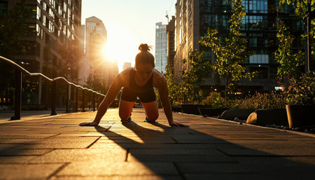 A woman is doing a push up on a sidewalk in front of a building. The sun is shining brightly, casting a warm glow on the scene. The woman appears focused and determined as she completes her exerciseの素材