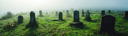 A cemetery with many gravestones and a foggy sky. Scene is somber and peacefulの素材