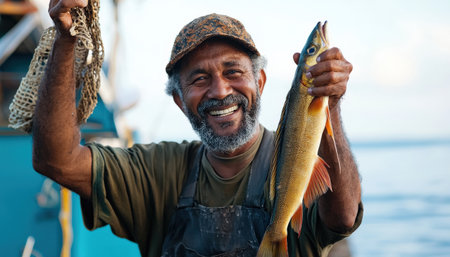 A man is holding a fish in his hand and smiling. He is wearing a hat and apronの素材