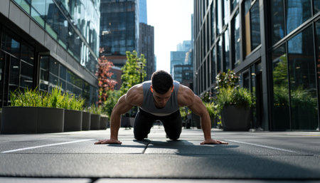 A man is doing pushups on a sidewalk in front of a building. The scene is urban and the man is focused on his workoutの素材
