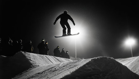 A man is snowboarding in the air, while a group of people watch him. The image has a mood of excitement and thrill, as the snowboarder is performing a trick in front of an audienceの素材