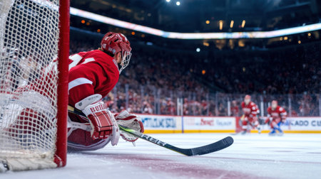 A hockey player is sliding into the net. The goalie is wearing a red helmetの素材