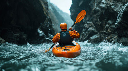 A man in an orange jacket paddles a kayak in a river. The water is choppy and the man is focused on navigating the rapidsの素材