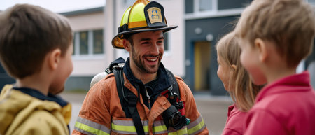 A firefighter is smiling at a group of children. The children are looking at the firefighter with curiosityの素材