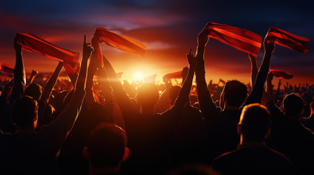A crowd of people are holding red flags and waving them in the air. The sun is setting in the background, creating a warm and celebratory atmosphereの素材