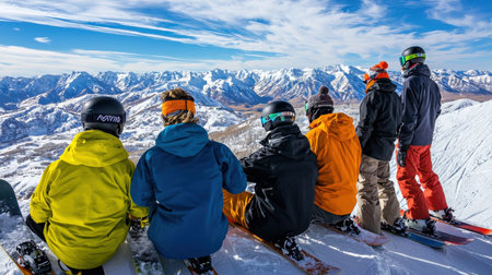 A group of people are sitting on skis on a snowy mountain. They are wearing colorful jackets and are looking out at the beautiful viewの素材