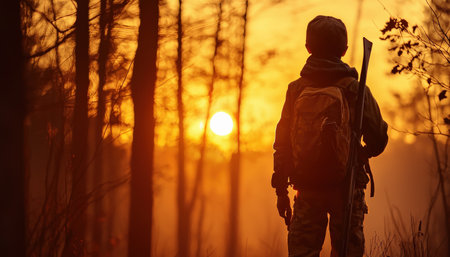 A man is standing in a forest at sunset, holding a rifle. The scene is peaceful and serene, with the sun setting in the background. The man is a hunterの素材
