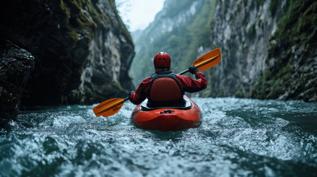 A man in a red jacket paddles a red kayak down a river. The water is calm and the man is focused on his taskの素材