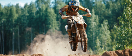 A dirt bike rider is in the air, jumping over a dirt track. The rider is wearing a helmet and is surrounded by trees. Concept of excitement and adventureの素材