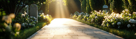 A path with a cemetery in the background. The path is lined with white flowers and the sun is shining on itの素材