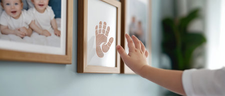 A child is touching a picture of a hand on a wall. The child is reaching for the picture, and the hand is made of clay. Concept of curiosity and wonder as the child explores the artworkの素材
