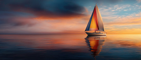 A sailboat is sailing on a calm ocean at sunset. The sky is filled with clouds, creating a serene and peaceful atmosphere. The boat is the main focus of the imageの素材
