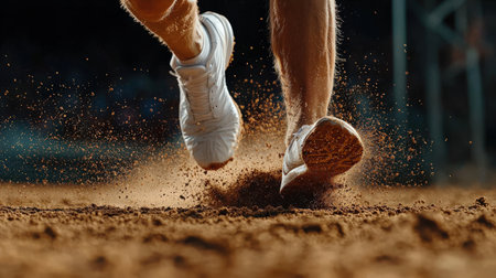 A man running in the sand with his feet in the air. Concept of motion and energy, as the man's feet are in the air and the sand is kicked up behind him. The scene is dynamic and excitingの素材