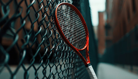 A tennis racket is leaning against a chain link fence. The racket is red and blackの素材