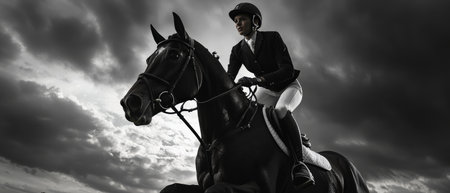 A woman is riding a horse in a black and white photo. The photo has a moody and dramatic feel to it, with the woman and horse appearing to be in the midst of a stormの素材