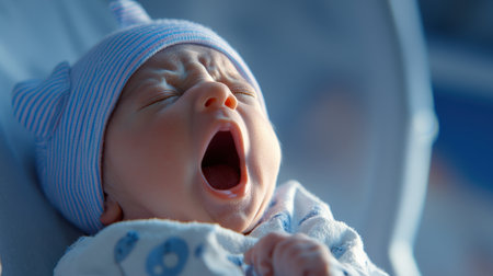 A baby is peacefully sleeping in a blue outfit with a blue hat on. The baby is in a blue blanket, and the scene is set in a room with a blue background. The baby's eyes are closedの素材