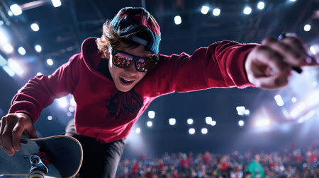 A skateboarder is performing a trick in front of a crowd. Concept of excitement and adrenaline as the skateboarder jumps and balances on the board. The crowd is watching intentlyの素材