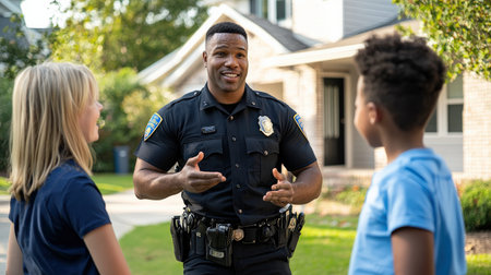 A police officer is talking to two children. The officer is wearing a blue shirt and a black vestの素材