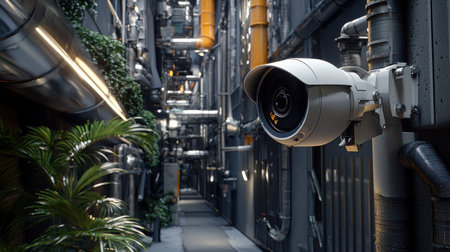 A camera is mounted on a pole in a dark, industrial setting. The camera is pointed towards the ground, and the surrounding area is dimly lit. Scene is somewhat ominous and forebodingの素材