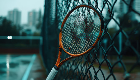 A tennis racket is sitting on a chain link fence. The image has a mood of sadness and lonelinessの素材