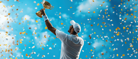 A man is holding a trophy and surrounded by gold confetti. Concept of celebration and achievementの素材