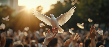 A white dove is flying in the air above a crowd of people. The people are holding up their hands in the air, as if they are praying. Concept of peace and unityの素材