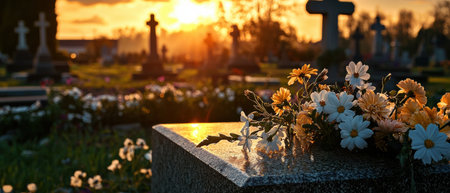 A cemetery with a large stone monument and a cross. The monument is covered in flowers. The sun is setting in the backgroundの素材
