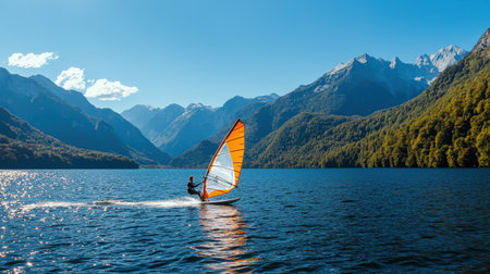 A man is sailing on a lake with mountains in the background. The sailboat is orange and whiteの素材