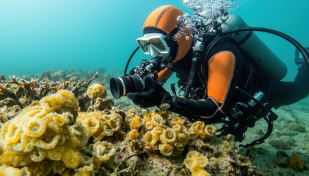 A man in an orange wetsuit is taking a picture of a coral reef. The coral reef is full of yellow and orange sea creaturesの素材