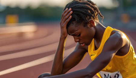 A woman in a yellow shirt is sitting on the ground, looking down and holding her head. She is upset or frustratedの素材