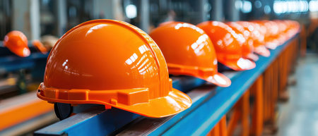 A row of orange safety helmets are lined up on a metal shelf. The helmets are all the same color and size, and they are all facing the same direction. Concept of uniformity and orderの素材