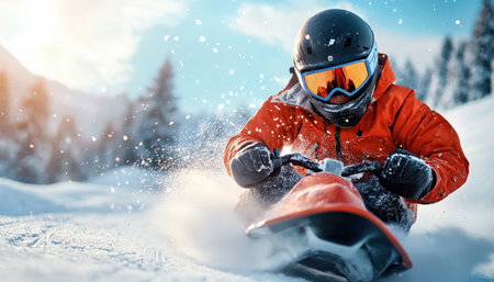 A man in an orange jacket is riding a snowmobile. The snowmobile is red and black. The man is wearing goggles and a helmet. The snowmobile is going fast and the man is having funの素材