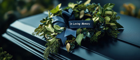 A wreath of green leaves and blue ribbon with the words "I loving memory" written on itの素材