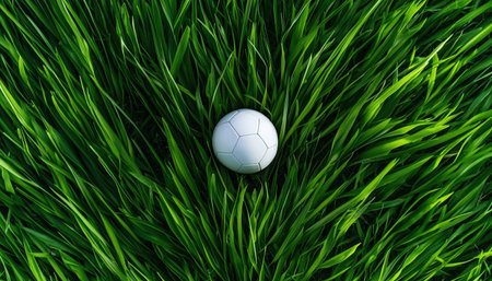 A white soccer ball is sitting on a green field. The ball is surrounded by tall grass, giving the image a peaceful and serene atmosphereの素材