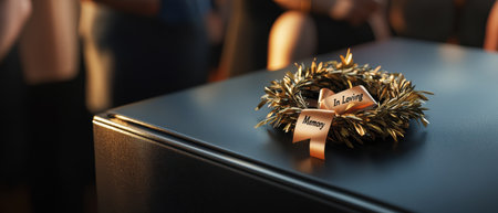 A wreath with the name "Hannah" on it sits on a table. The wreath is surrounded by a ribbon and is placed on a black surfaceの素材
