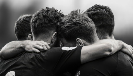 Four men hug each other in a group. Scene is one of camaraderie and supportの素材