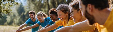 A group of people are smiling and laughing together. They are wearing yellow shirts and blue shirts. Scene is happy and friendlyの素材