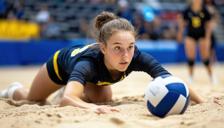 A female volleyball player is on the ground with a volleyball in her hand. She is wearing a black and yellow uniformの素材
