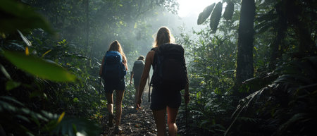 Two women are trekking through a lush green forest, each carrying a backpack. The atmosphere is calm and tranquil, with the sounds of nature filling the airの素材