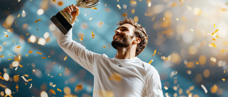 A man is holding a trophy and smiling. Concept of accomplishment and joyの素材