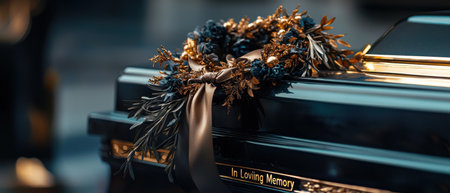 A black piano with a wreath on it that says "Lovin' Memory". The wreath is made of flowers and leavesの素材
