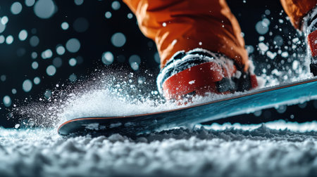 A person is snowboarding down a hill with snow on their feet. The snowboarder is wearing orange pants and red shoesの素材